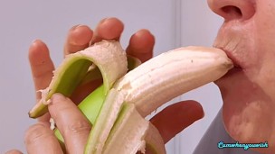 4K MILF wife likes bananas. Sometimes they cum in her mouth  Extreme Close UP.