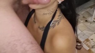 Giving my boyfriend a sloppy blowjob until he cums in my mouth, naughty teen dressed as a maid