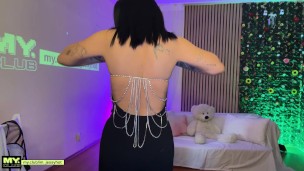 Sexy Brunette with big natural boobs Try ON Haul black dress